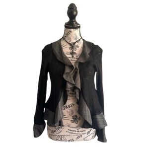 Y2K Le Grenier Black Ruffle Cardigan Wool Blend Romantic Goth Knit Size Medium